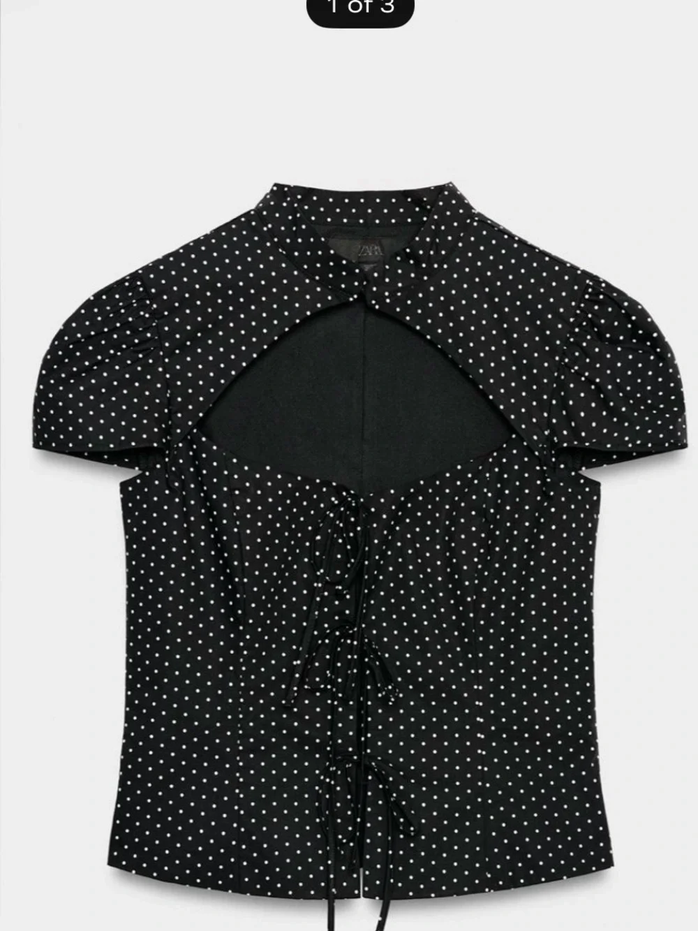 Zara Black and White Polka Dot Tie-Front Puff Sleeve Top